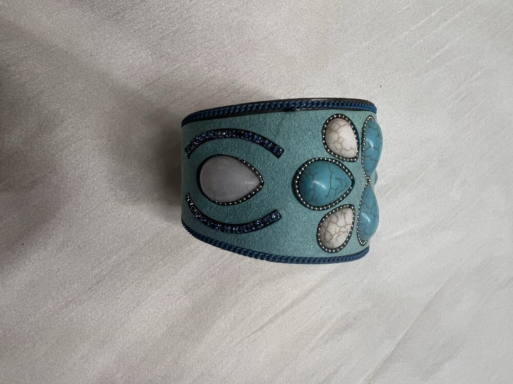 Italian Leather Bangle Cuff Bracelet Faux Turquoise Inlay Brass Resin Handmade